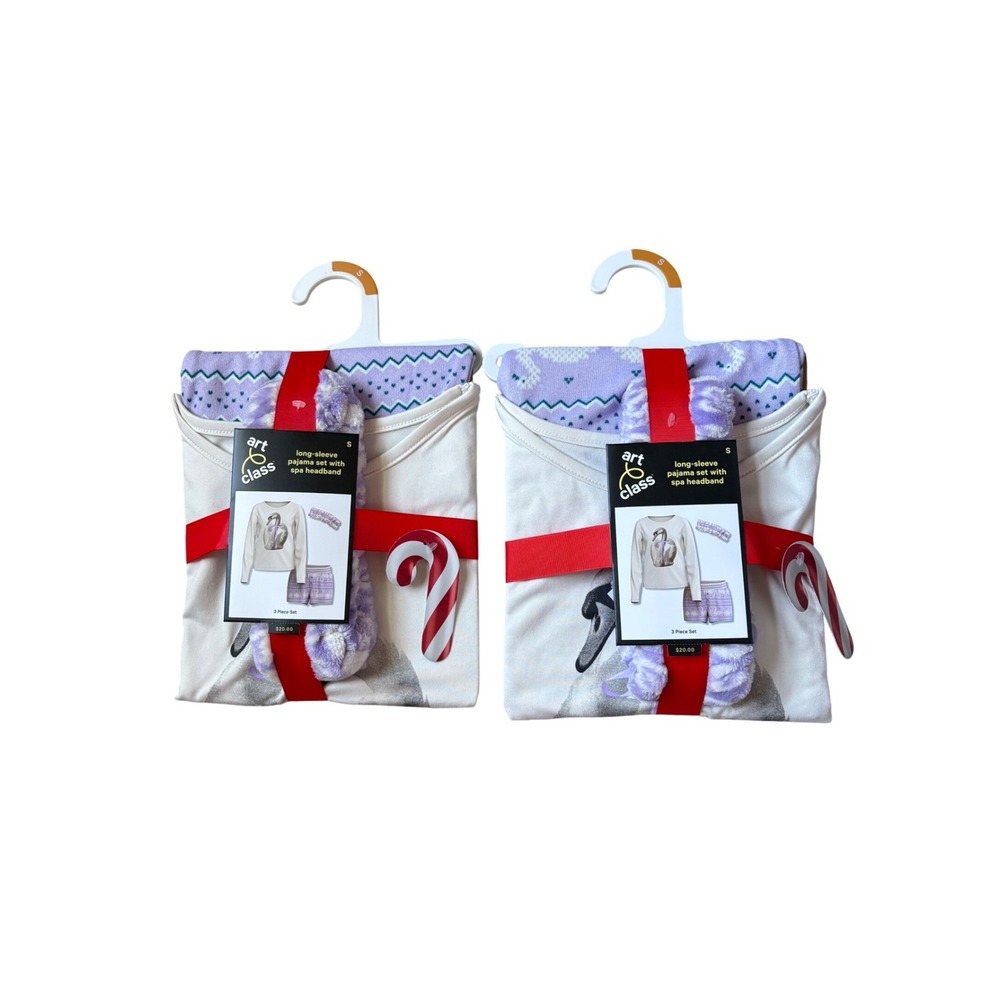 2 Sets of Art Class Girls 3 Piece‎ Pajama Set Swan Long Sleeve Shorts Size S 2pk